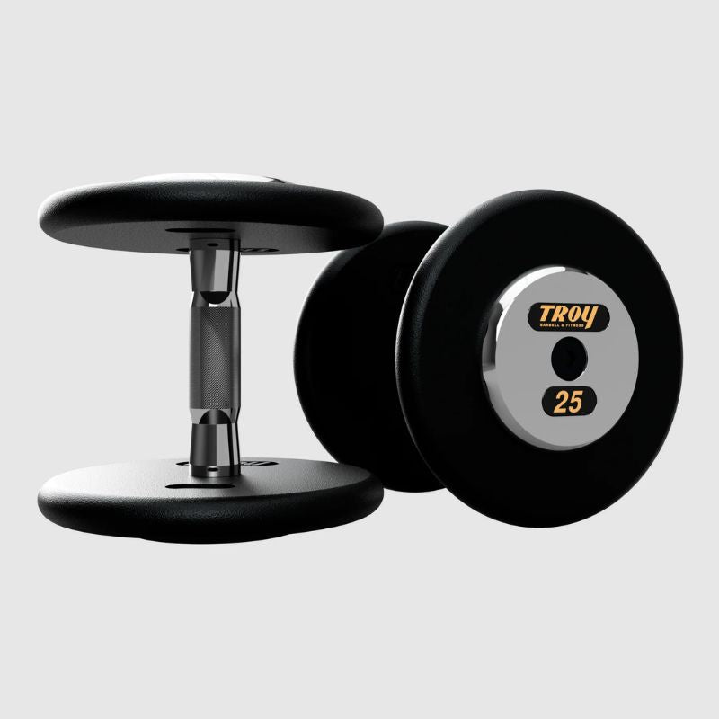 TROY PFDC-C Black Pro-Style Dumbbell Set Chrome Endcaps 25 lb dumbbells pair