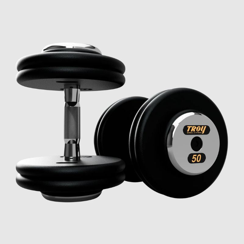 TROY PFDC-C Black Pro-Style Dumbbell Set Chrome Endcaps 50 lb dumbbells pair