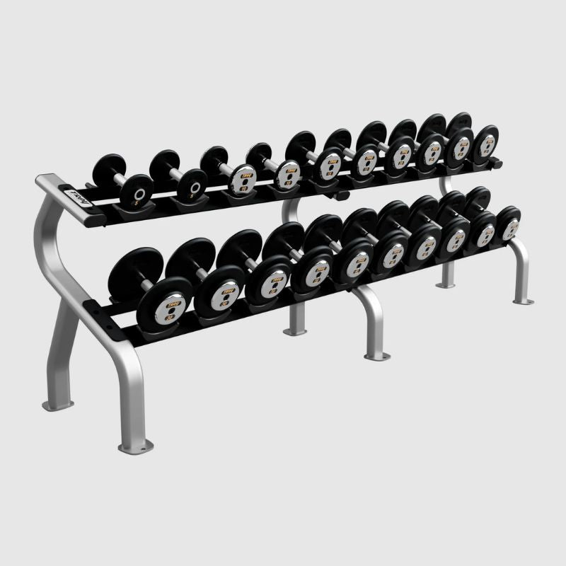 TROY PFDC-C Black Pro-Style Dumbbell Set Chrome Endcaps 5 lb to 50 lb dumbbells set with 2 tier rack