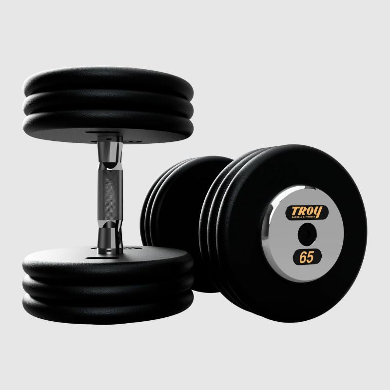 TROY PFDC-C Black Pro-Style Dumbbell Set Chrome Endcaps 65 lb dumbbells pair