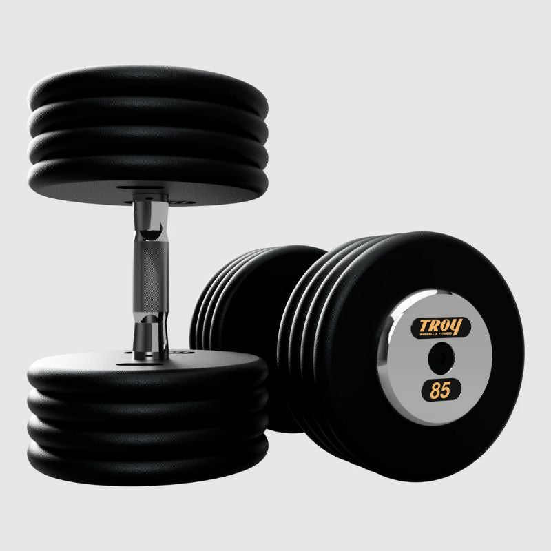 TROY PFDC-C Black Pro-Style Dumbbell Set Chrome Endcaps 85 lb dumbbells pair