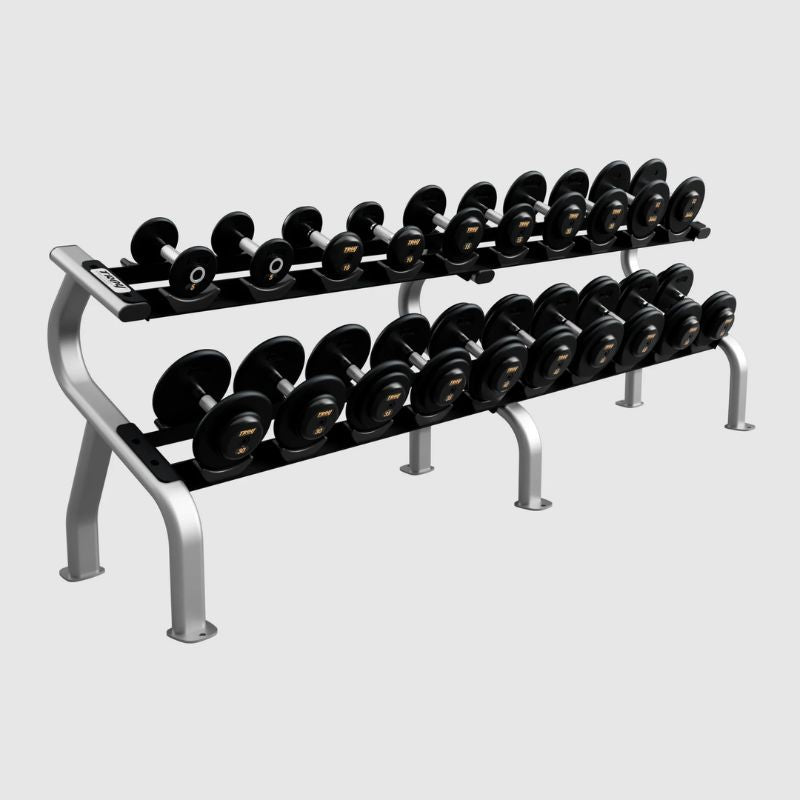 TROY PFDC-R 5-50 lbs Pro Style Dumbbell Set with Contoured Handles & Rubber Endcaps  with 2 Tier Rack - Black