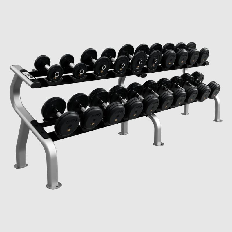 TROY RUFDC-R Rubber Encased Pro Style Dumbbell Set Contoured Handles 5 lb to 50 lb dumbbells set with 2 tier rack