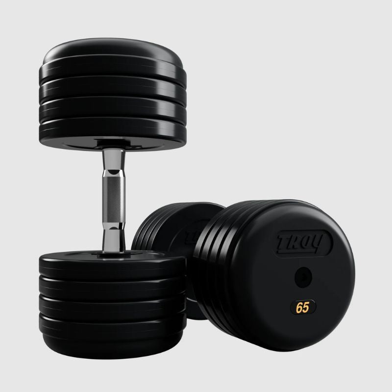 TROY RUFDC-R Rubber Encased Pro Style Dumbbell Set Contoured Handles 65 lb dumbbells pair