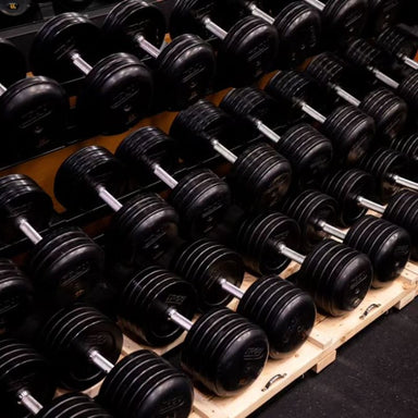 TROY RUFDC-R Rubber Encased Pro Style Dumbbell Set Contoured Handles Gallery with Custom Rack