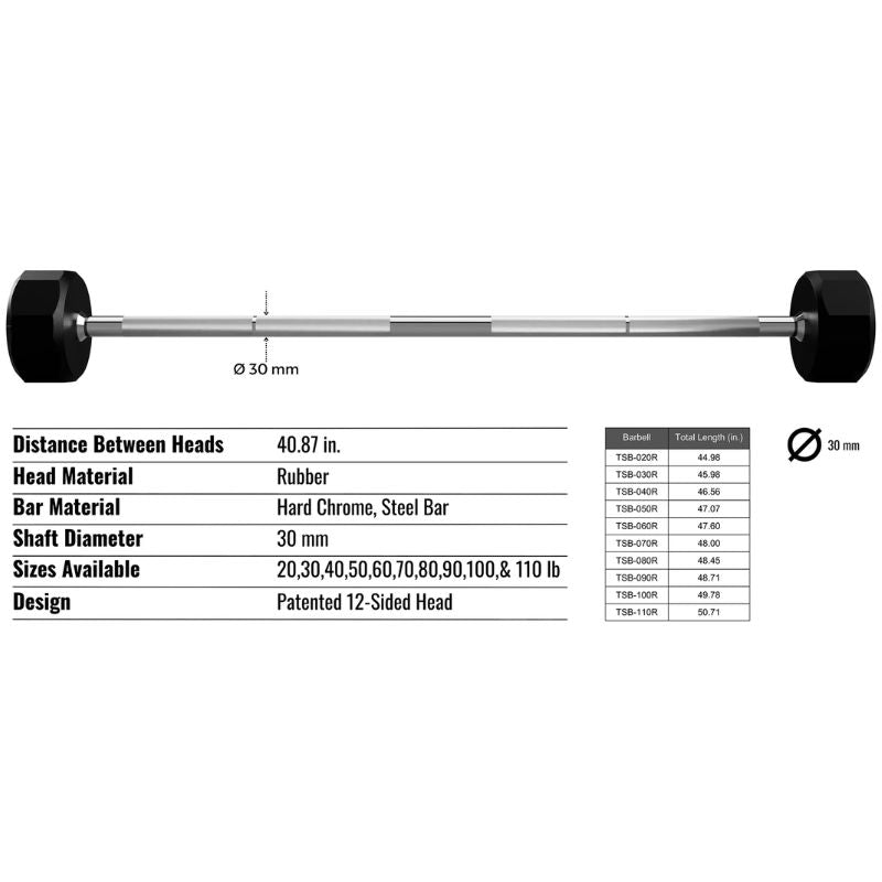 TROY TSB-R  12-Sided Solid Rubber Straight Barbell Dimensions