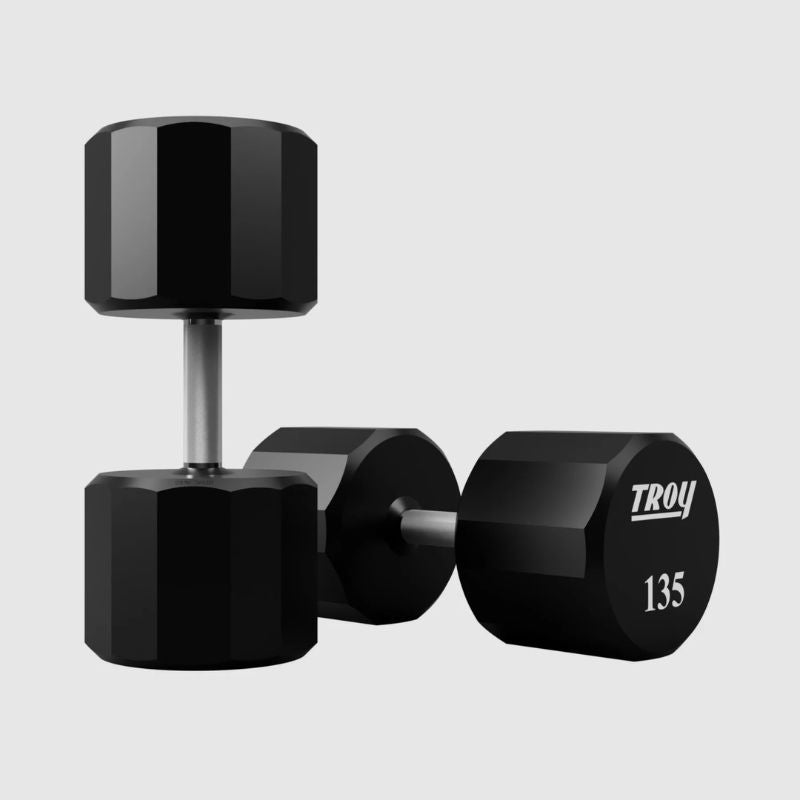 TROY TSD-U 12-Sided Urethane Encased Dumbbell 135 lb dumbbells on a white background