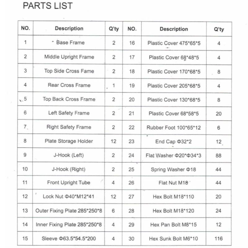 Tag Fitness RCK-2xHR Double 1_2 Rack Parts Lists