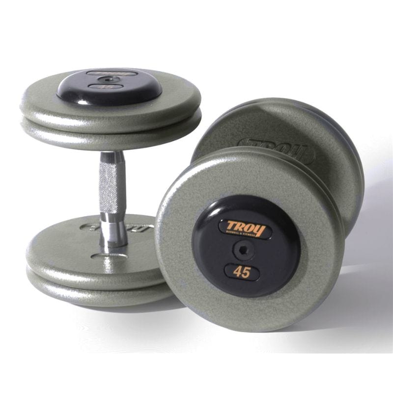 Troy HFDC-R Pro-Style Gray Dumbbell  Rubber End Caps Contoured Handle  45 lb Pair