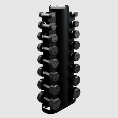 Troy 12-Sided Rubber Dumbbells Set with Vertical Rack - VERTPAC-TSDR25  on a white background