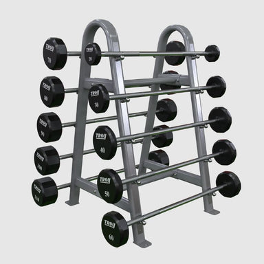 Troy 12-Sided Urethane 20-110 lb Straight Barbell Set with Rack Angled View