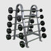 Troy 12-Sided Urethane 20-110 lb Straight Barbell Set with Rack Angled View