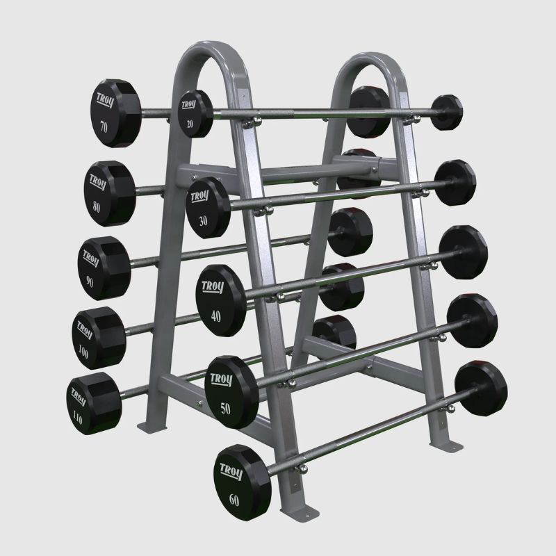 Troy 12-Sided Urethane 20-110 lb Straight Barbell Set with Rack Angled View