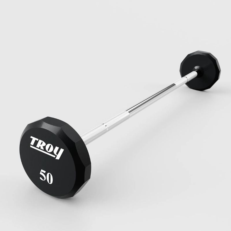Troy 12-Sided Urethane Straight Barbell Set with Rack 50lbs in the Floor
