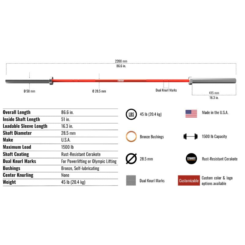 Troy AOB-1500C-H Blackwing Cerakote Olympic Bar Dimensions