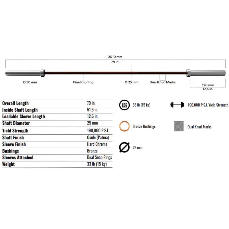 Troy GOB-800 15kg Olympic Bar - 6.5' Dimensions