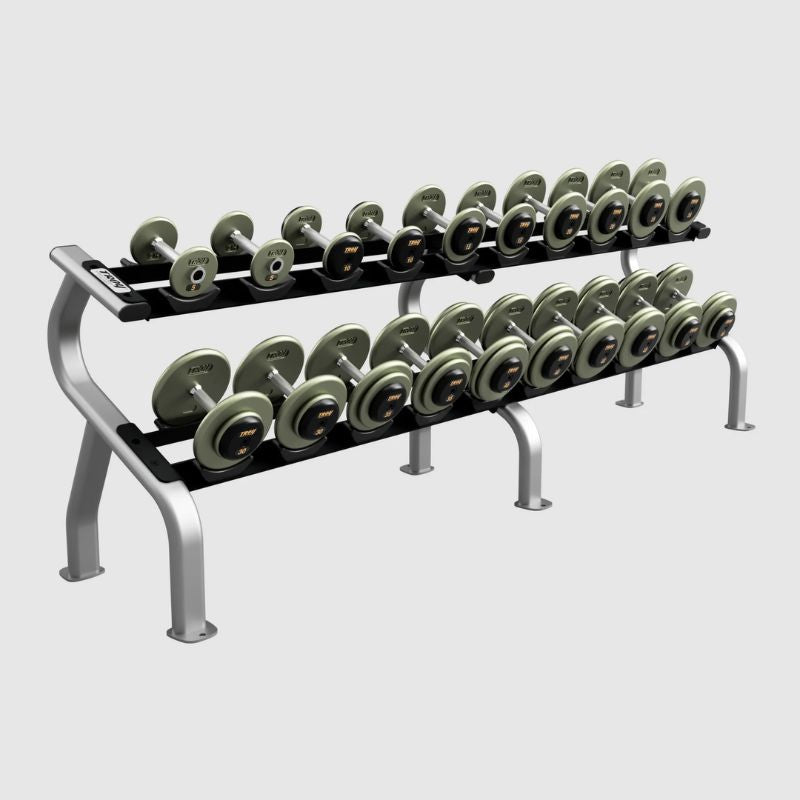 Troy HFD-R Hammer-tone Gray Pro Style Dumbbell Sets Rubber End Caps 5 lb to 50 lb Dumbbells Set with 2 Tier Rack