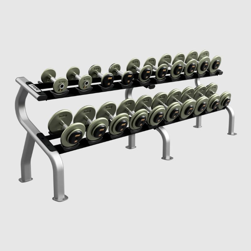 Troy HFDC-R Gray Pro Style Dumbbell Sets Rubber End Caps 5 lb to 50 lb Dumbbells Set with 2 Tier Rack