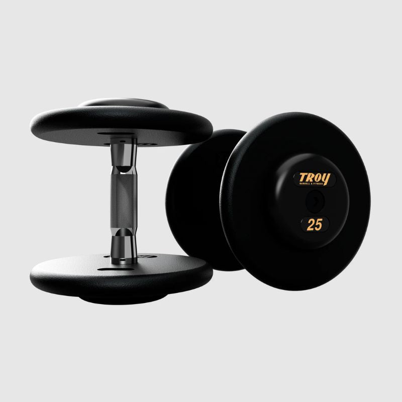 Troy Pro Style Dumbbells - Black Textured Dumbbell Contoured Handle & Rubber Endcaps - 25 lb dumbbells