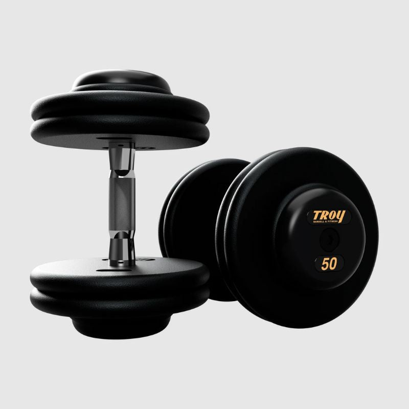 Troy Pro Style Dumbbells - Black Textured Dumbbell Contoured Handle & Rubber Endcaps - 50 lb dumbbells