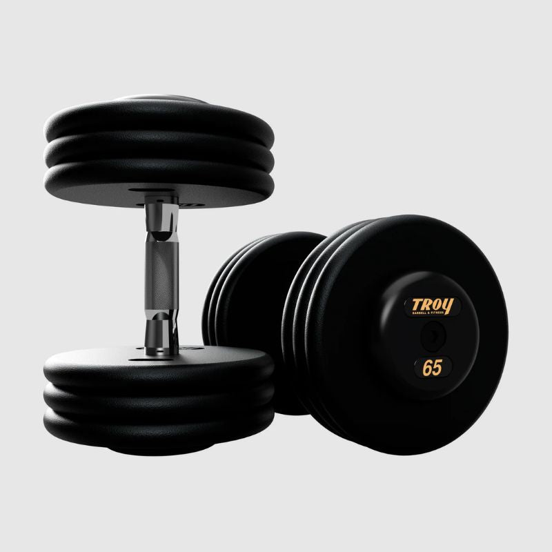 Troy Pro Style Dumbbells - Black Textured Dumbbell Contoured Handle & Rubber Endcaps - 65 lb dumbbells