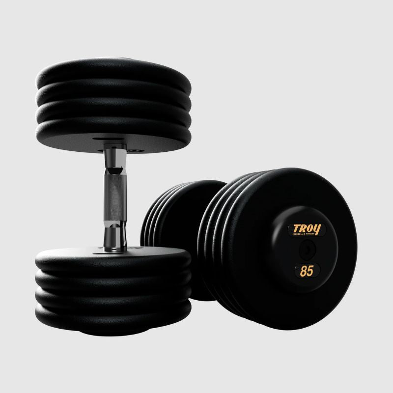 Troy Pro Style Dumbbells - Black Textured Dumbbell Contoured Handle & Rubber Endcaps - 85 lb dumbbells