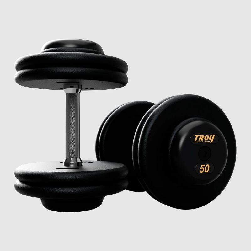 Troy Pro Style Dumbbells - Black Textured Dumbbell Straight Handle & Rubber Endcaps -  50 lb dumbbells
