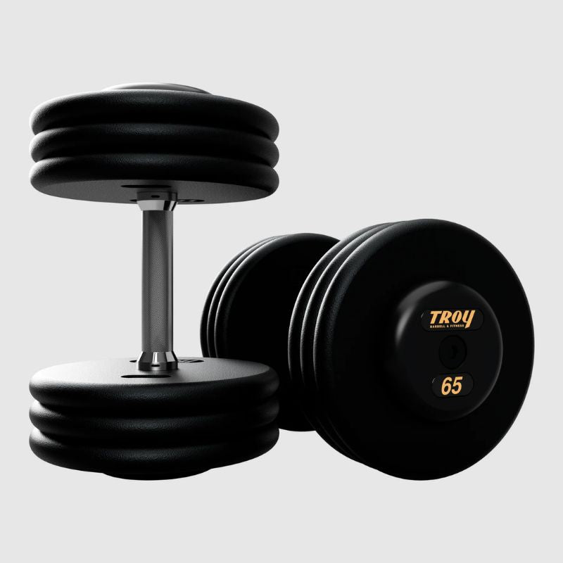 Troy Pro Style Dumbbells - Black Textured Dumbbell Straight Handle & Rubber Endcaps - 65 lb dumbbells