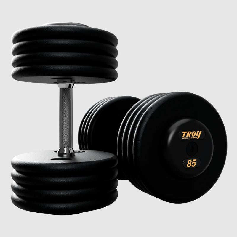 Troy Pro Style Dumbbells - Black Textured Dumbbell Straight Handle & Rubber Endcaps - 85 lb dumbbells