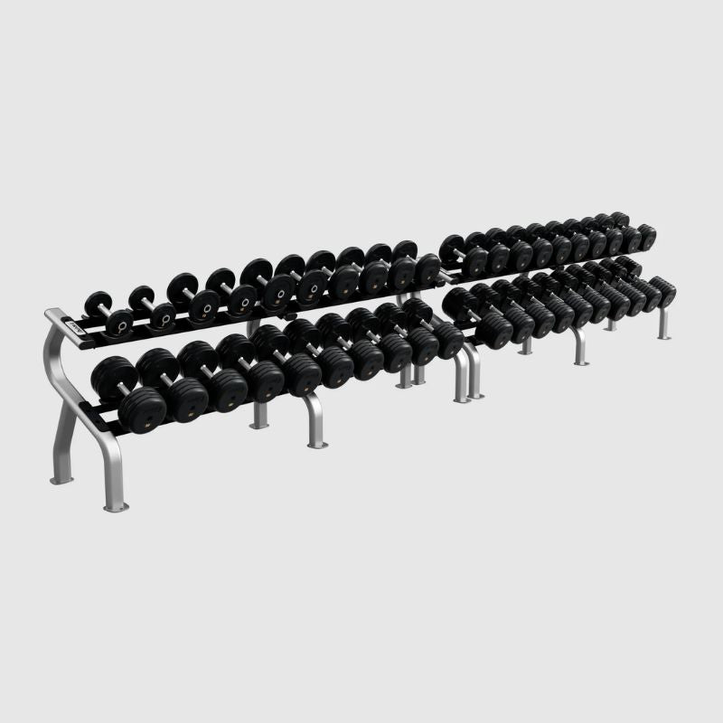 Troy RUFD-R Rubber Encased Straight Handle Pro Style Dumbbell Set 5 to 100 lb dumbbells set with 2 tier rack