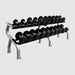 Troy RUFD-R Rubber Encased Straight Handle Pro Style Dumbbell Set 5 to 50 lb dumbbells set with 2 tier rack