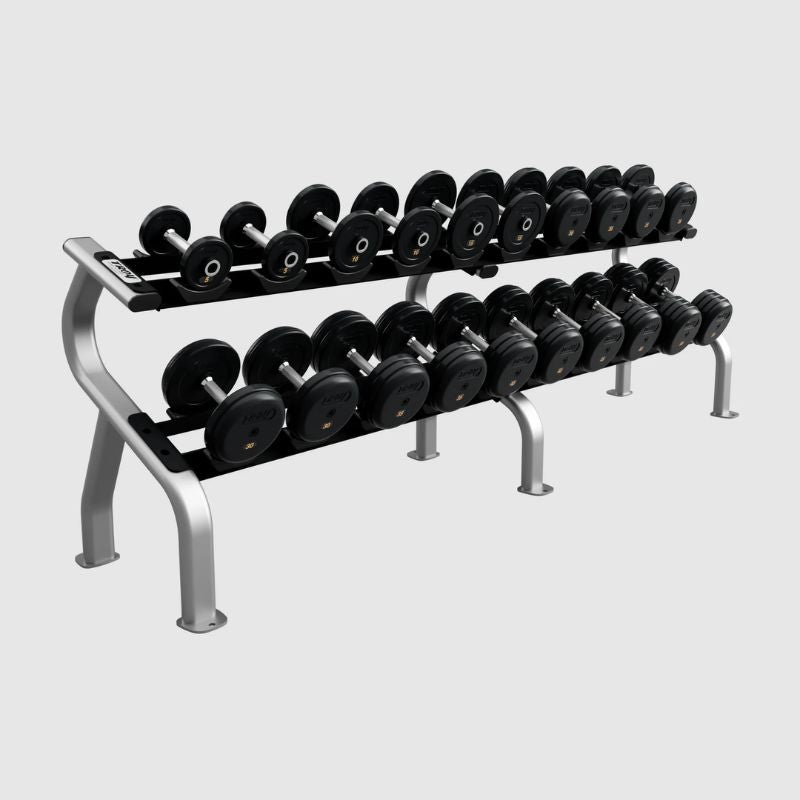 Troy RUFD-R Rubber Encased Straight Handle Pro Style Dumbbell Set 5 to 50 lb dumbbells set with 2 tier rack