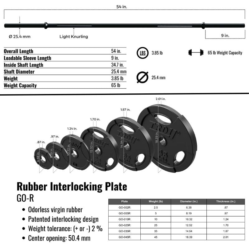 Troy TLW-40G Lightweight Barbell System Bar and Plates Features and Dimensions