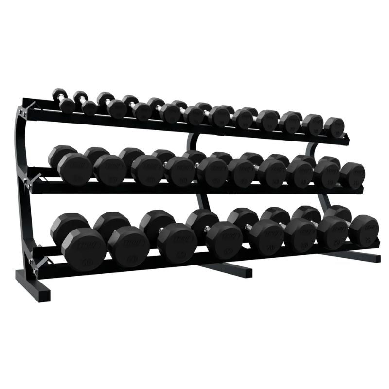 Troy TSD-R 12-Sided Rubber Encased Dumbbell Sets (5 lb Increments) 5 lb to 75 lb Dumbbells Set with 3 Tier Rack