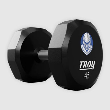 Troy TSD-UL 12-Sided Urethane Dumbbell Set with Custom Logo of Armored Person on a white Background