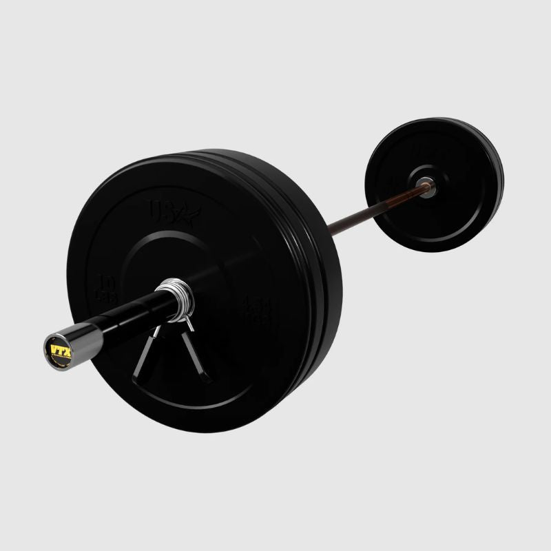 USA 205 LB BARBELL AND WEIGHT SET - BLACK BUMPER PLATES on a white background