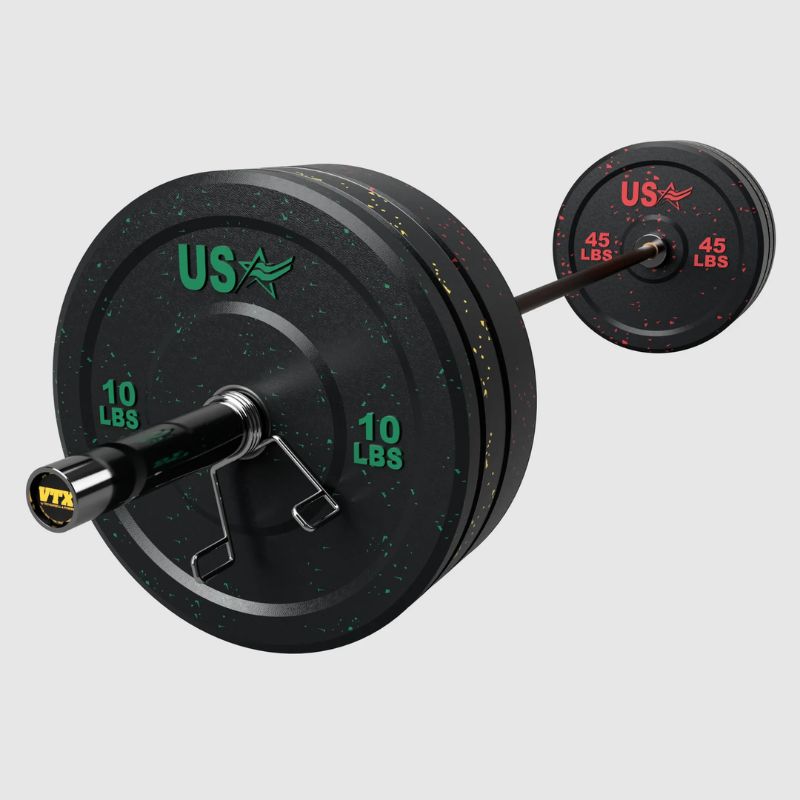 USA 205LB Barbell and Weight Set - Rubber Bumper Plate Set with Olympic Training Bar
