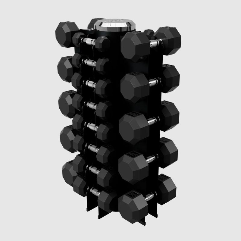 USA 13 Pair 3-50lb Rubber Hex Dumbbells with Vertical Rack - VERTPAC-SDR50G