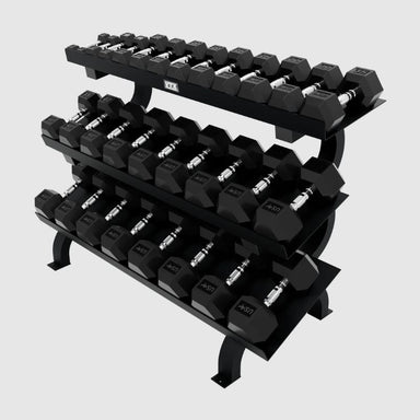 USA 15 Pair 5-75 lb Rubber Hex Dumbbells with Horizontal Rack - VERTPAC-HDR75