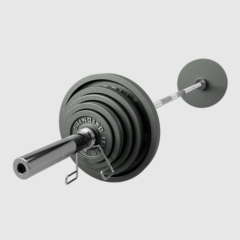 USA OLYMPIC 210 LB BARBELL AND WEIGHT SET -  GREY CAST IRON WEIGHT PLATE