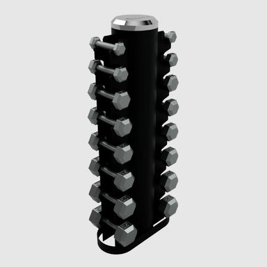 USA Sports by Troy 3-25lb Iron Hex Dumbbells with Vertical Rack - VERTPAC-IHD25 on a white background