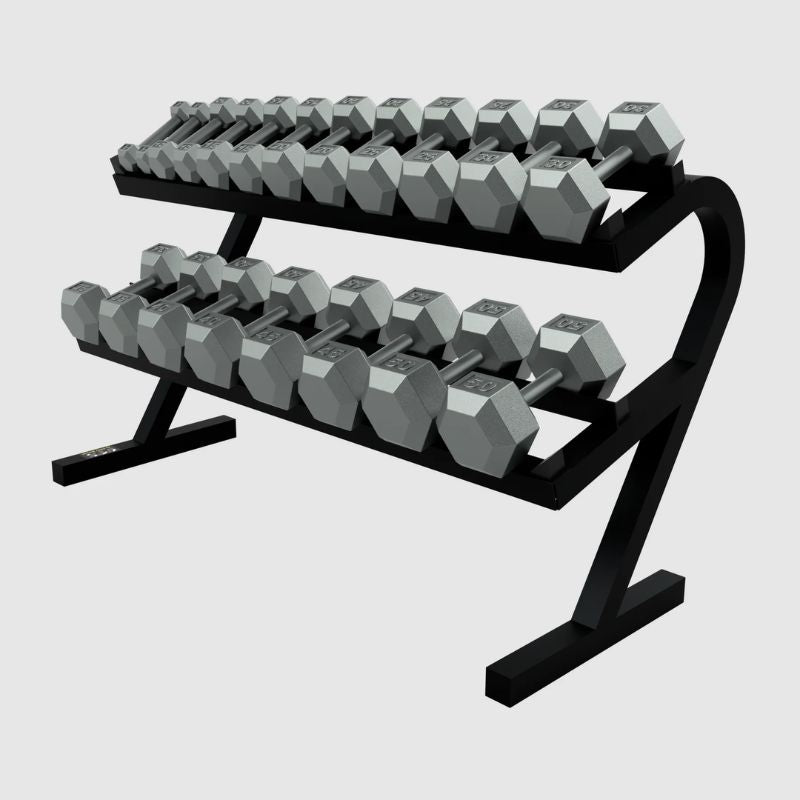 USA Sports by Troy 5-50lb Iron Hex Dumbbell Set with Horizontal Rack - VERTPAC-IHD50 on a white background
