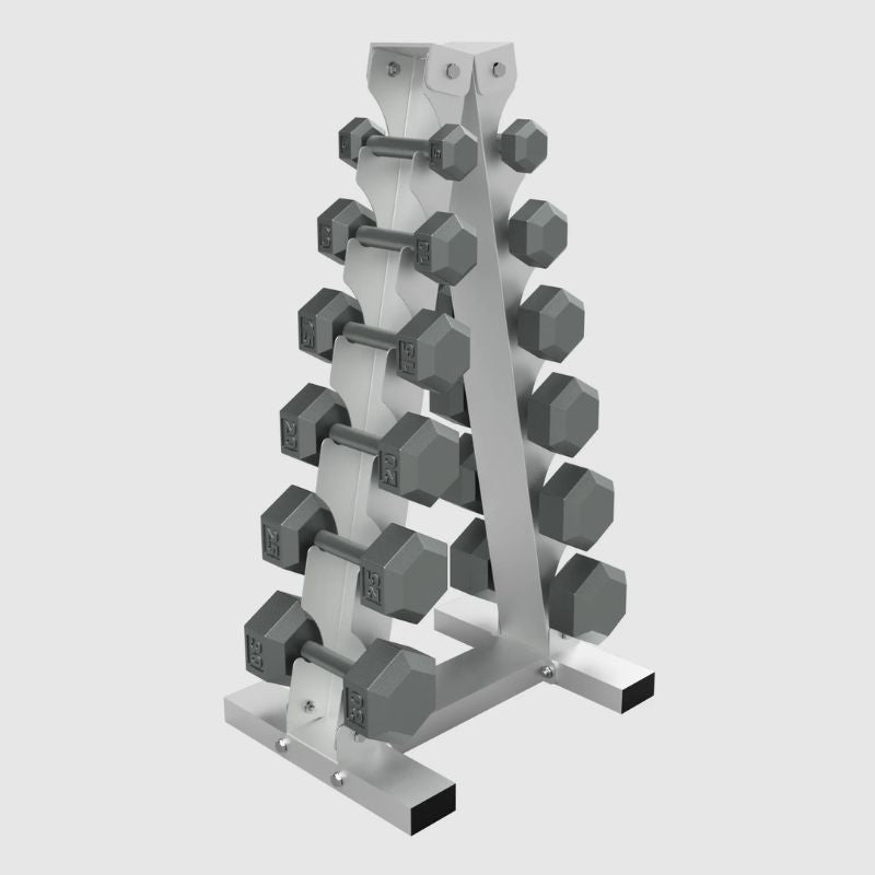 USA by Troy 5-30lb Iron Hex Dumbbells & A-Frame Rack - VERTPAC-IHD30 on a white Background
