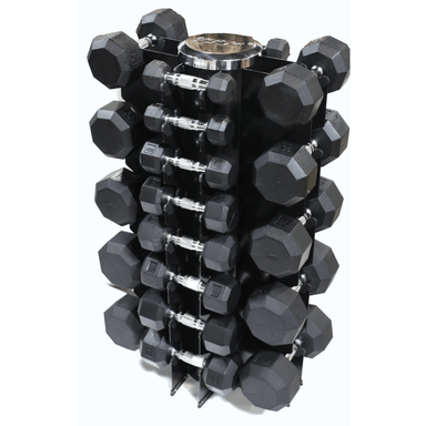 VTX 8-Sided Rubber Encased 3-50lb Dumbbell Set with Vertical Rack | VERTPAC-SDR50G