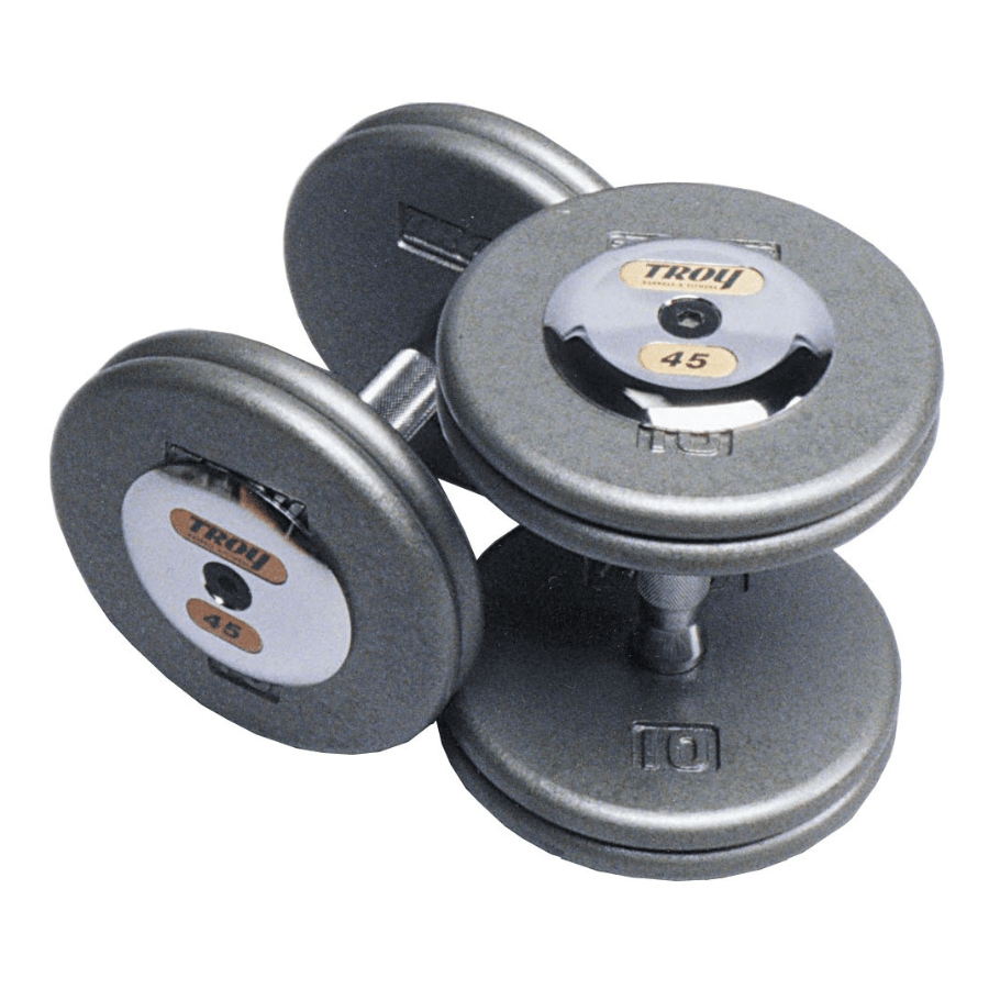 TROY HFDC-C Pro Style Gray Hammer-tone Dumbbell Chrome End Caps Sets (5 lb Increments)