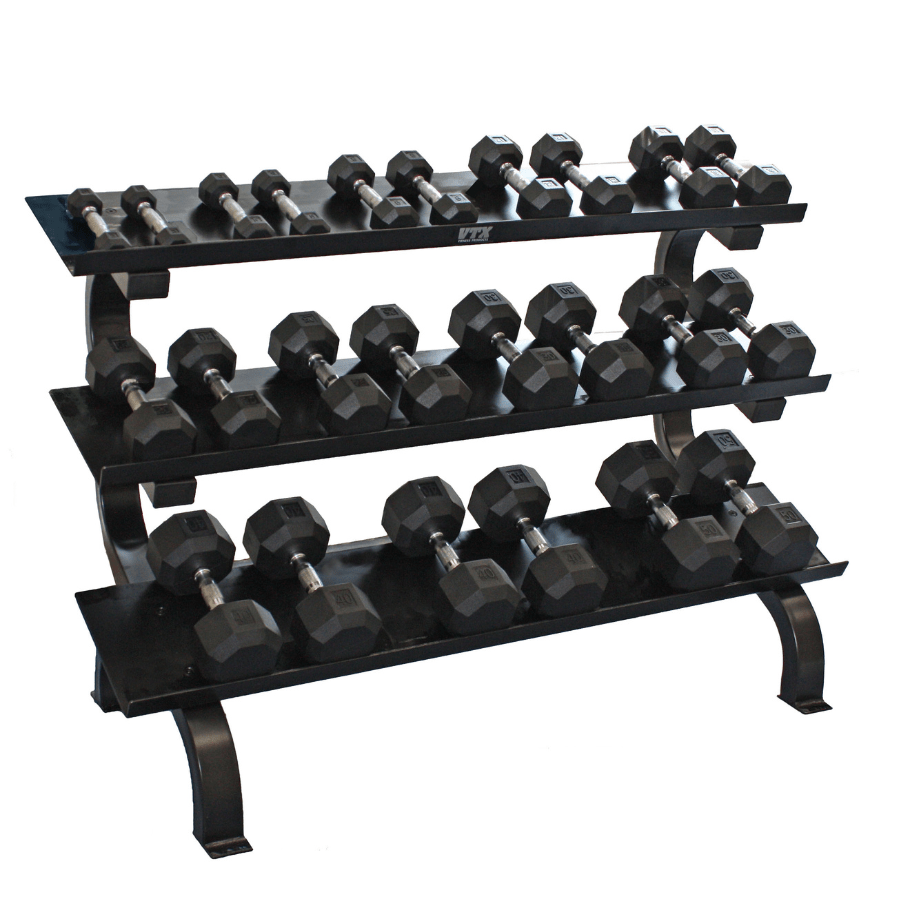 VTX by Troy Horizontal 3-Tier Shelf Rack | GTDR-3 w/ Troy 8 Sided Rubber Dumbbells | SD-R