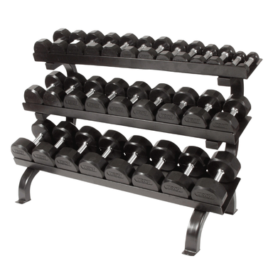 Troy 12-Sided Rubber Dumbbells 5-75lbs with Horizontal Rack | VERTPAC-TSDR75