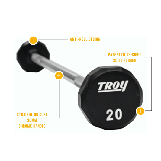 TROY 20-110 lb 12-Sided Urethane Fixed Curl Barbell Set TZB-020-110U
