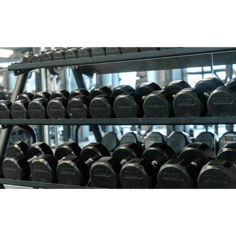 VERTPAC-TSDR75 Troy 12-Sided Rubber Dumbbells 5-75lbs with Horizontal Rack