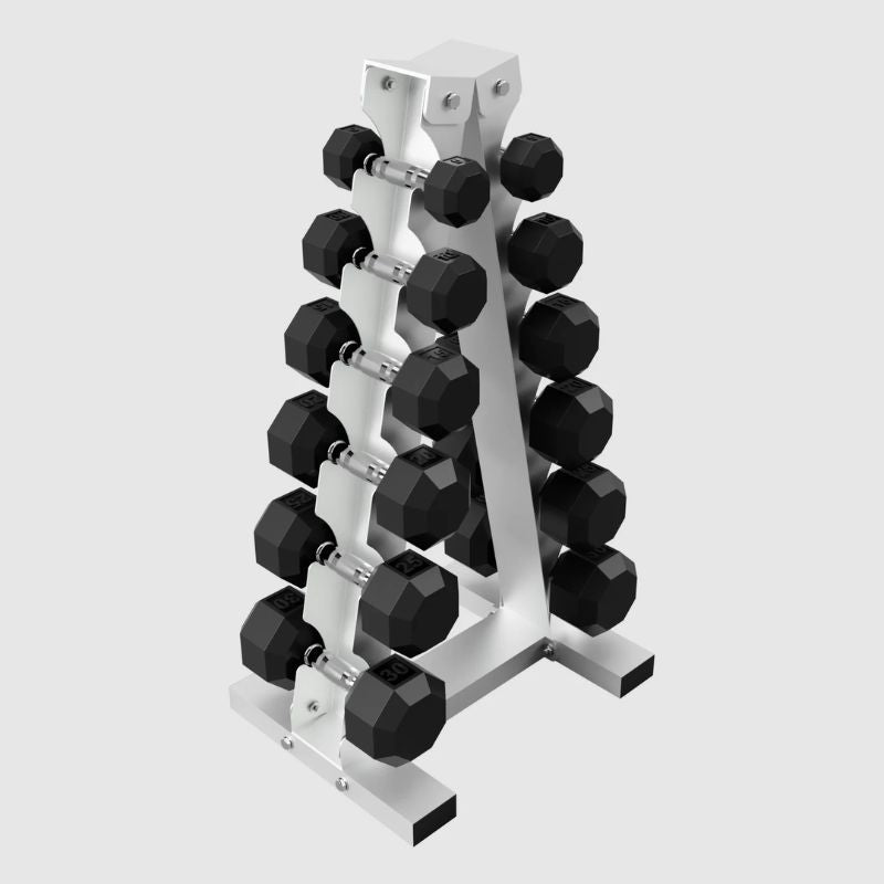 VTX 5-30lb Rubber Dumbbells with A-Frame Rack Side View on a white background